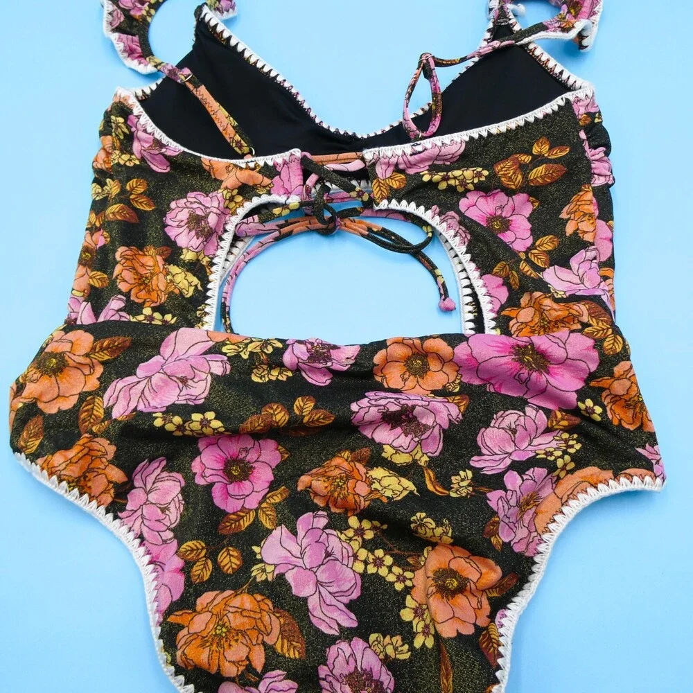 Victorias Secret Medium Black Shimmer Floral Cutout‎ Lace One Piece Swimsuit New